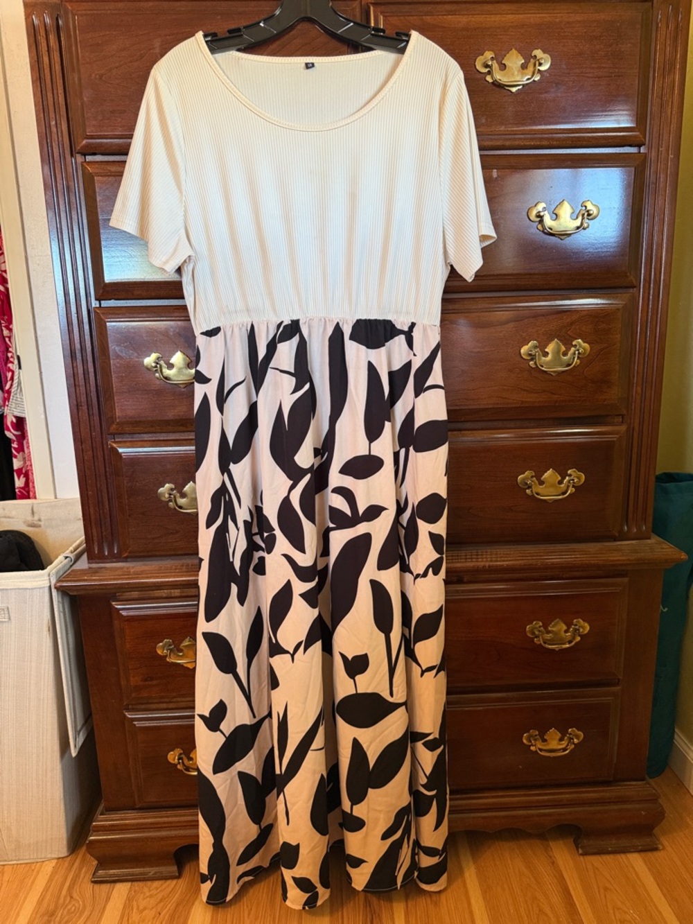 Cream and Black Botanical Print Maxi Dress with Scoop Neck